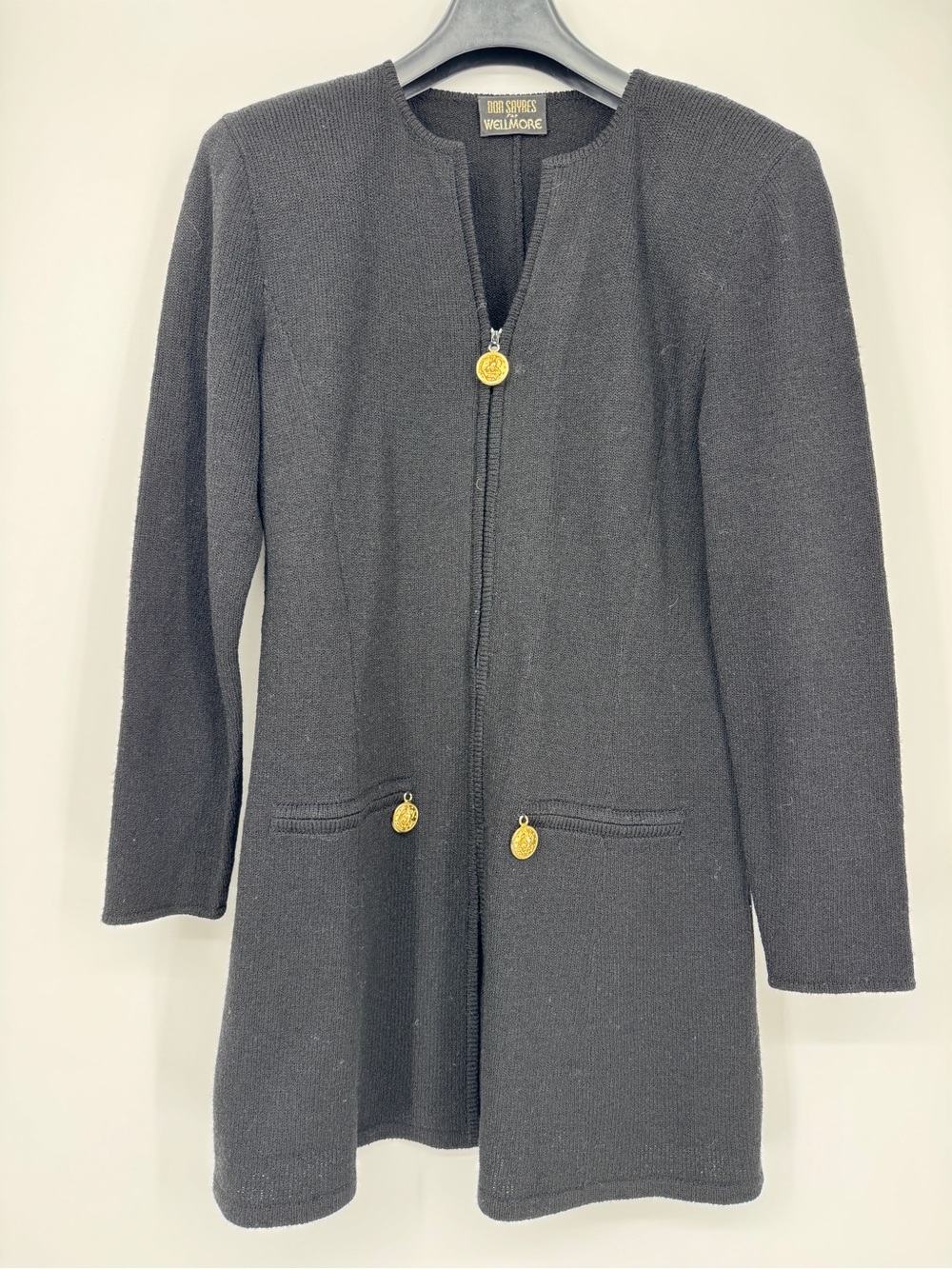 Vintage Don Sayres for Wellmore Black Long Knit Zip Jacket Gold Accents
